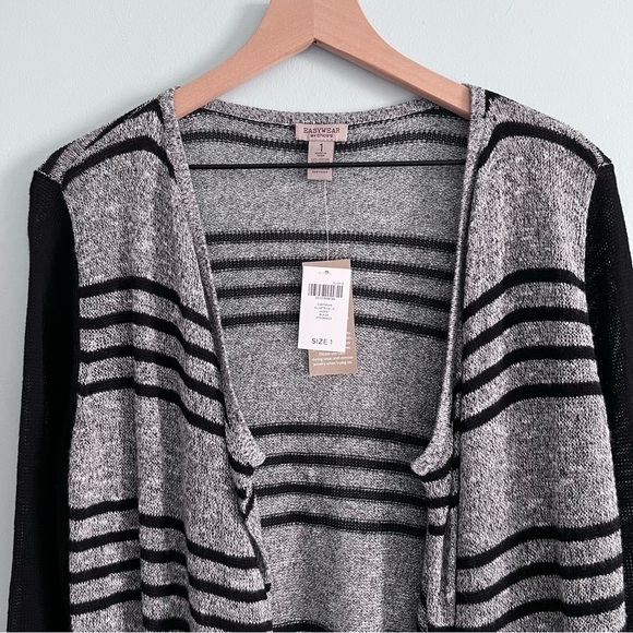 Chico’s Easywear Alastrina Striped Gray Black Open Front Light Knit Cardigan - Picture 2 of 13